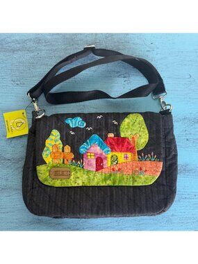 Handmade Quilted Crossbody Bag Colorful House Patchwork Design 10" x 7" Purse